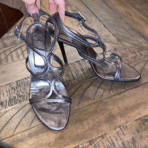 Roger Vivier Strappy Metallic Heels with Jeweled buckle 40